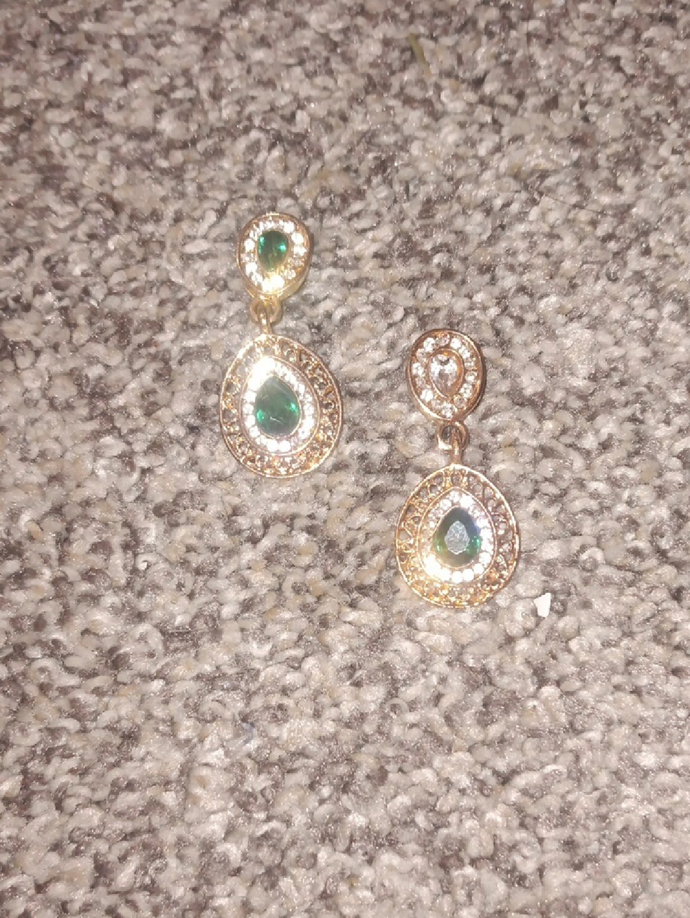 Gold-Tone Teardrop Earrings with Green Stones